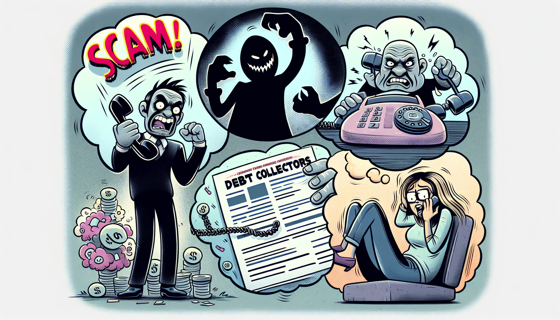 An illustration depicting various scam debt collectors and their tactics.